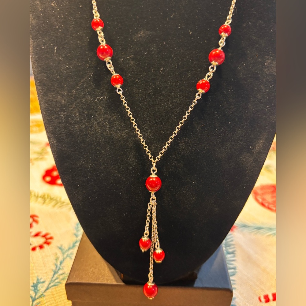 Red Beaded  Coral Y-Shaped Women’s Necklace and Earrings